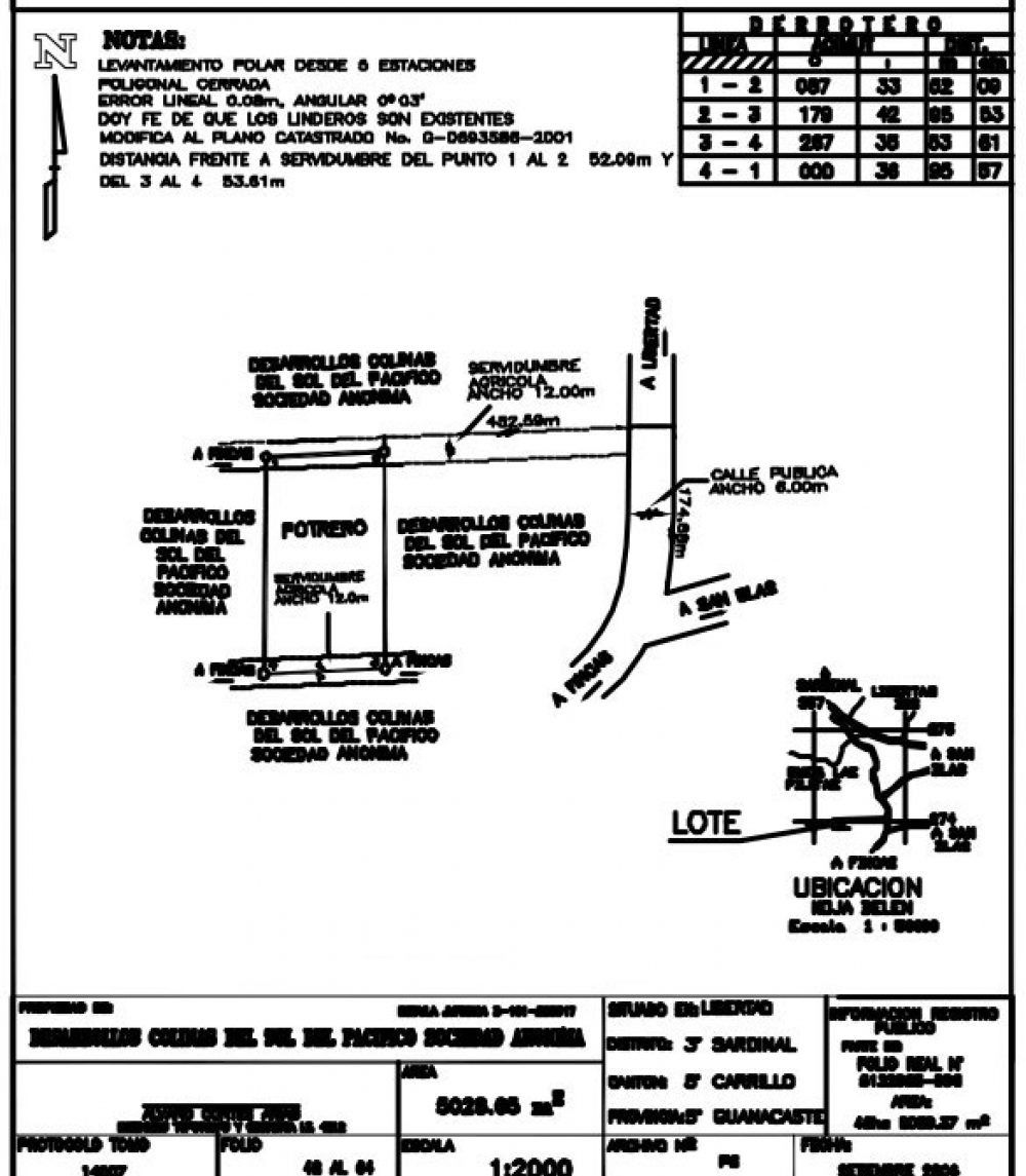 Diagram showing a land survey with coordinates, property lines, roads, and a reference point.