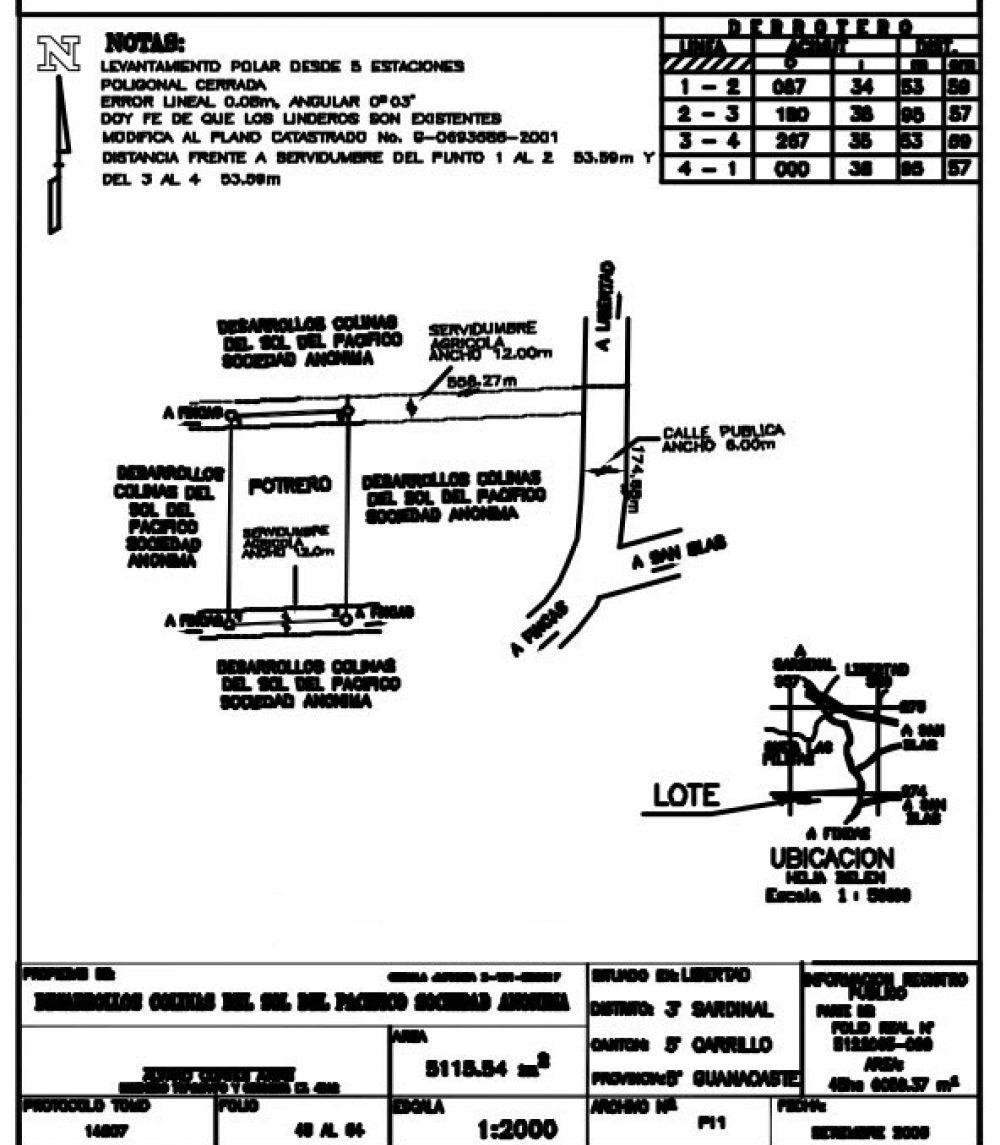 Diagram of a land survey, showing roads, buildings, and property lines; contains notes and scale information.