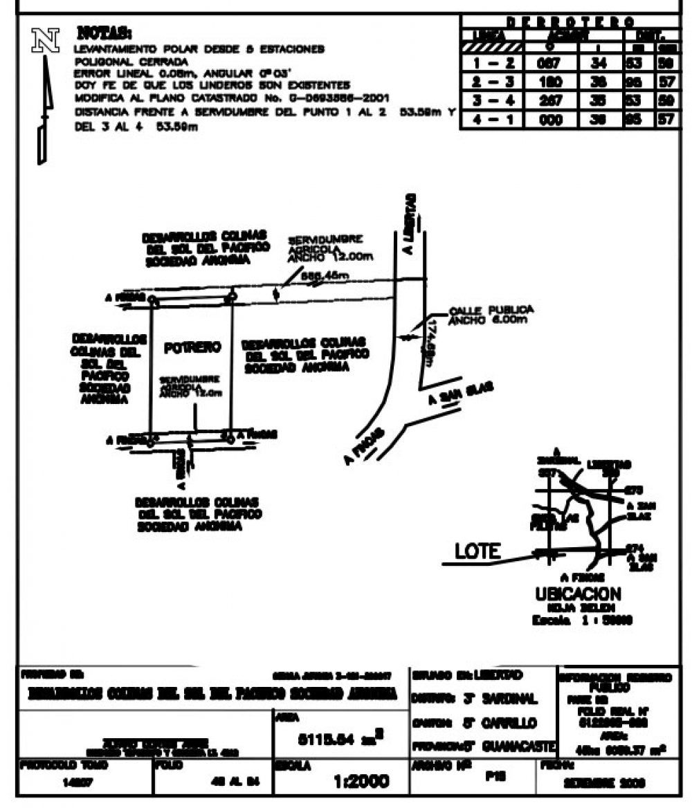 Survey map with property boundary lines, notes, and a table of distances.