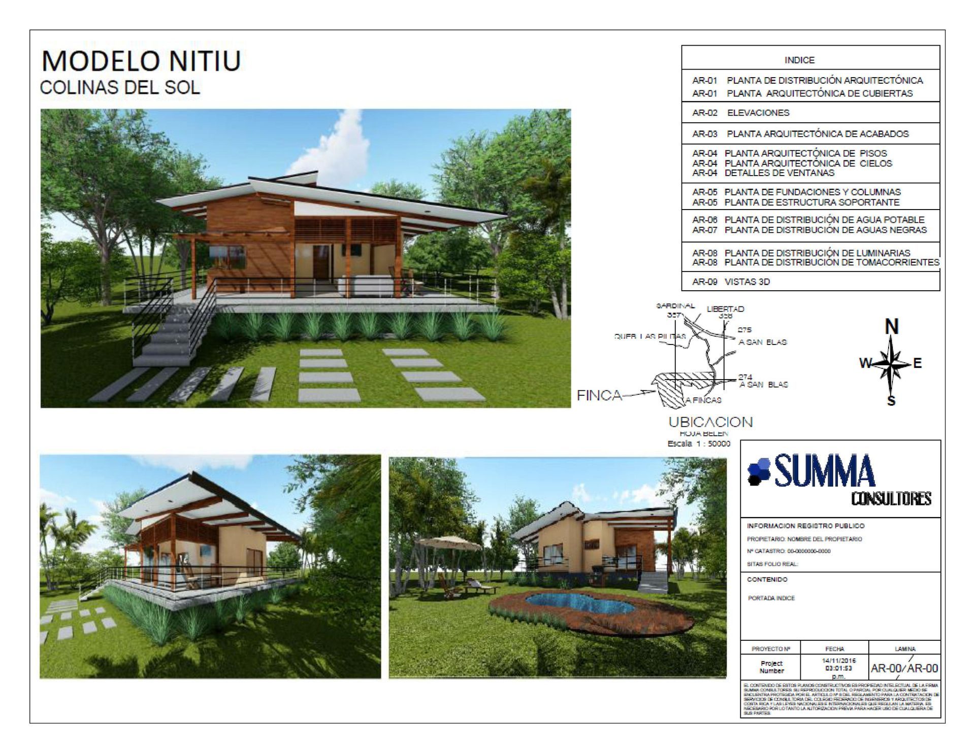 Architectural renderings of a wooden house with a pool and landscaping on a sunny day.
