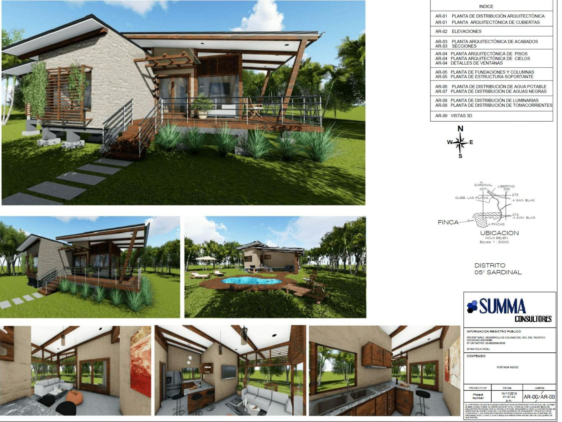Architectural renderings of a modern home with a deck and pool. Includes interior and exterior views.