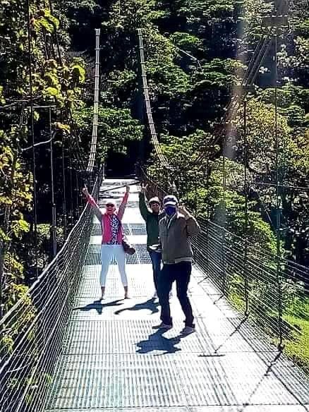 People on a suspension bridge in a forest, arms raised in excitement.