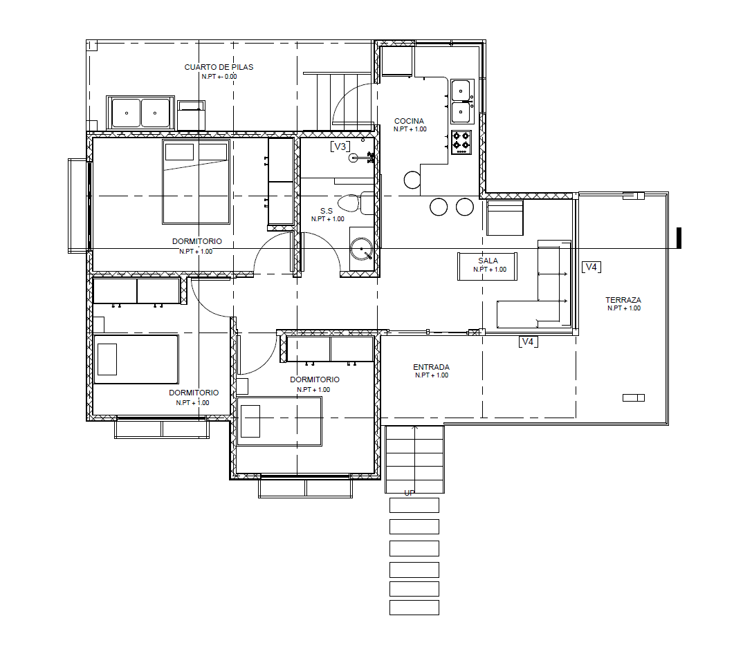 Floor plan of a house with bedrooms, bathrooms, a kitchen, and living areas.