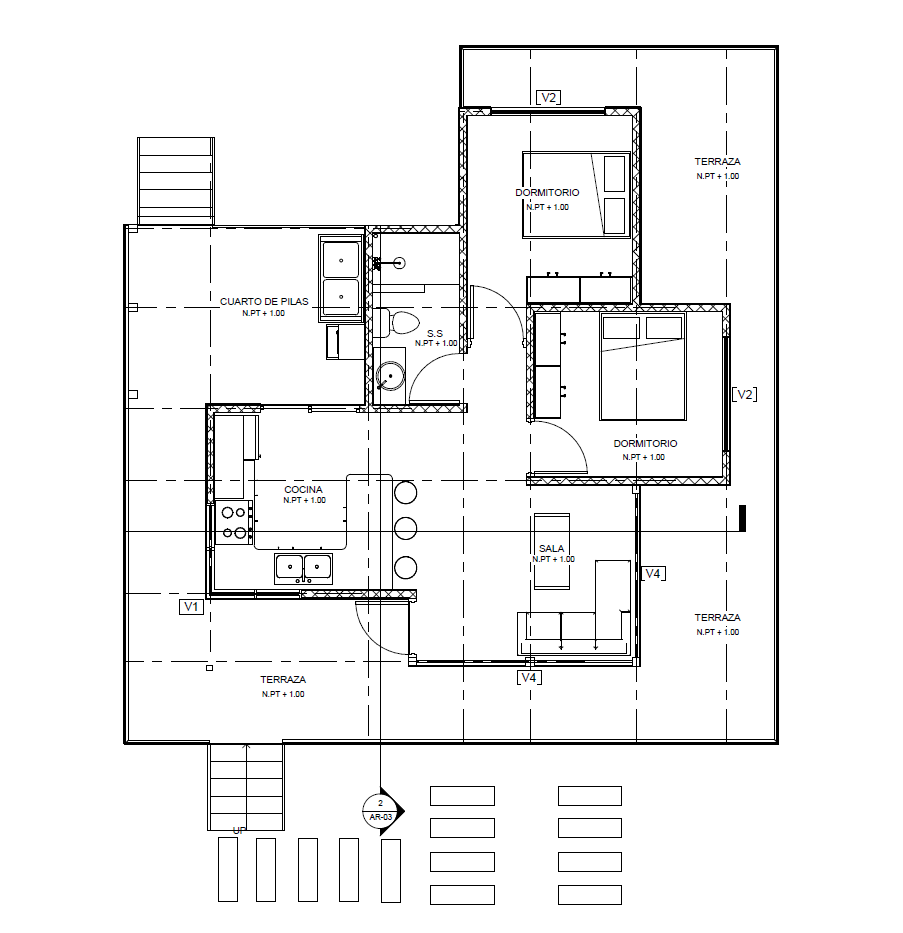 Architectural floor plan of a modern house, showing rooms, terrace, and furniture layout.