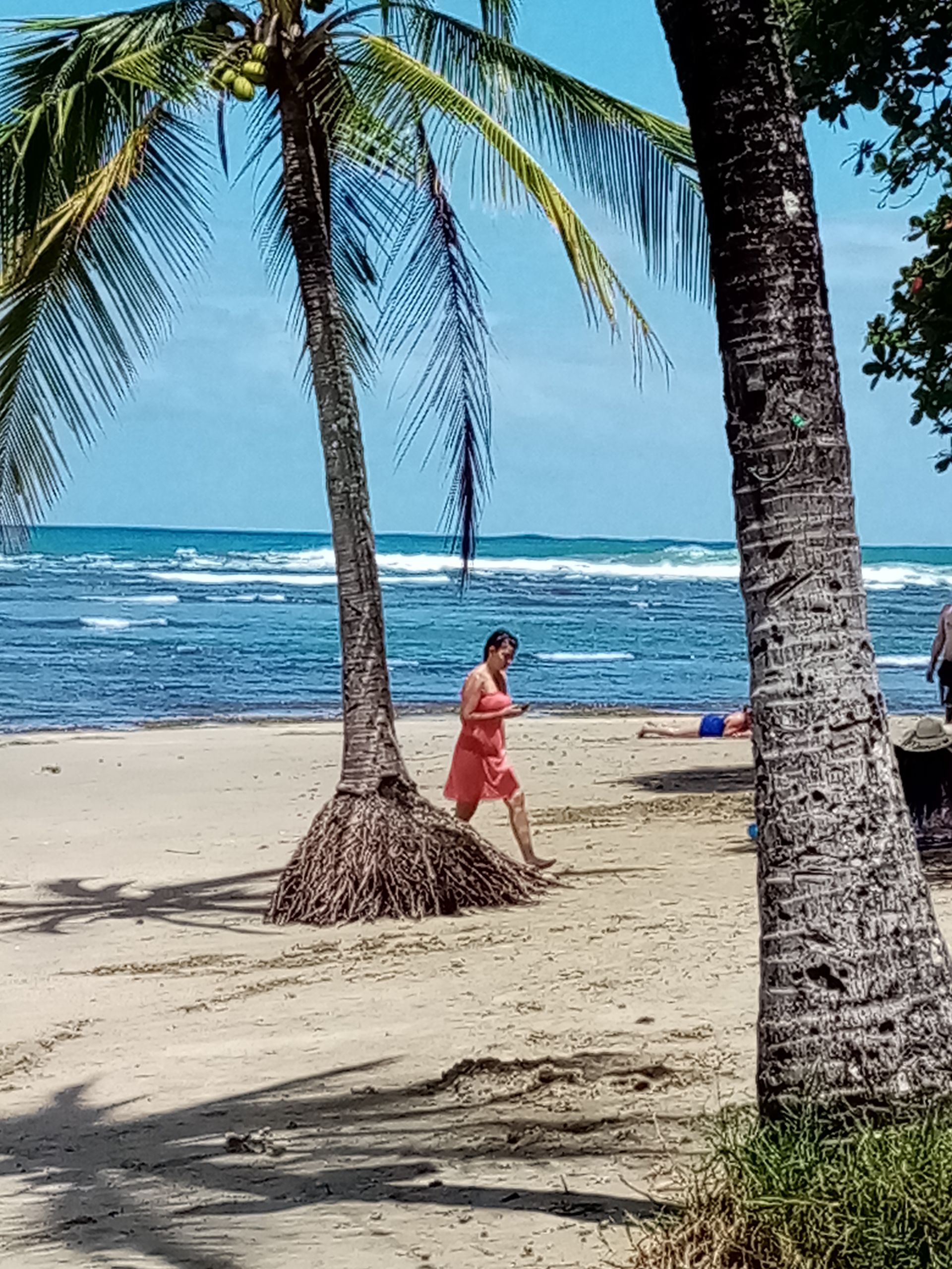 Woman in orange dress walking on sandy beach near palm trees, ocean in background.