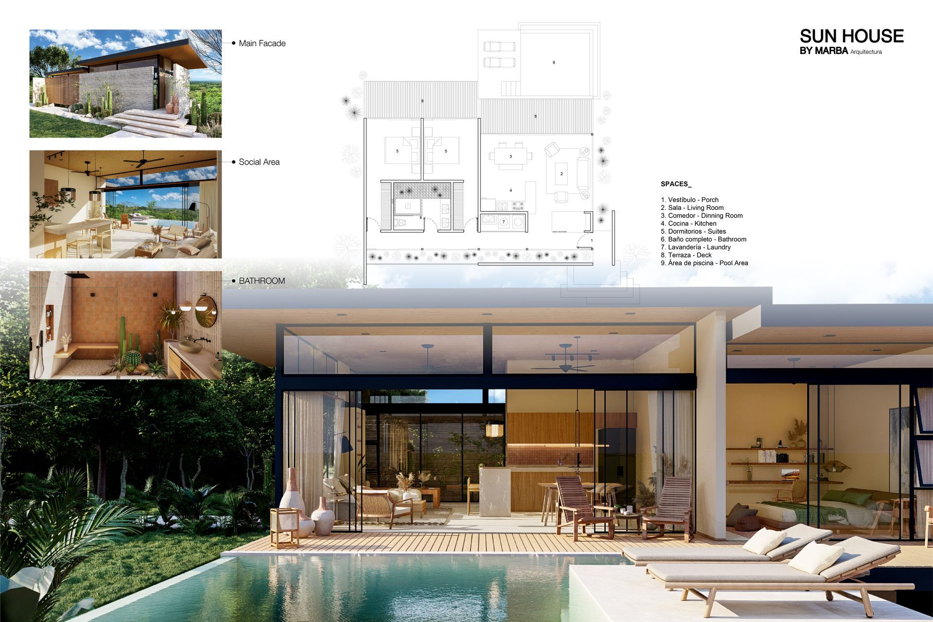 Modern home exterior with pool and interior floor plan. Stone and glass construction, open concept.