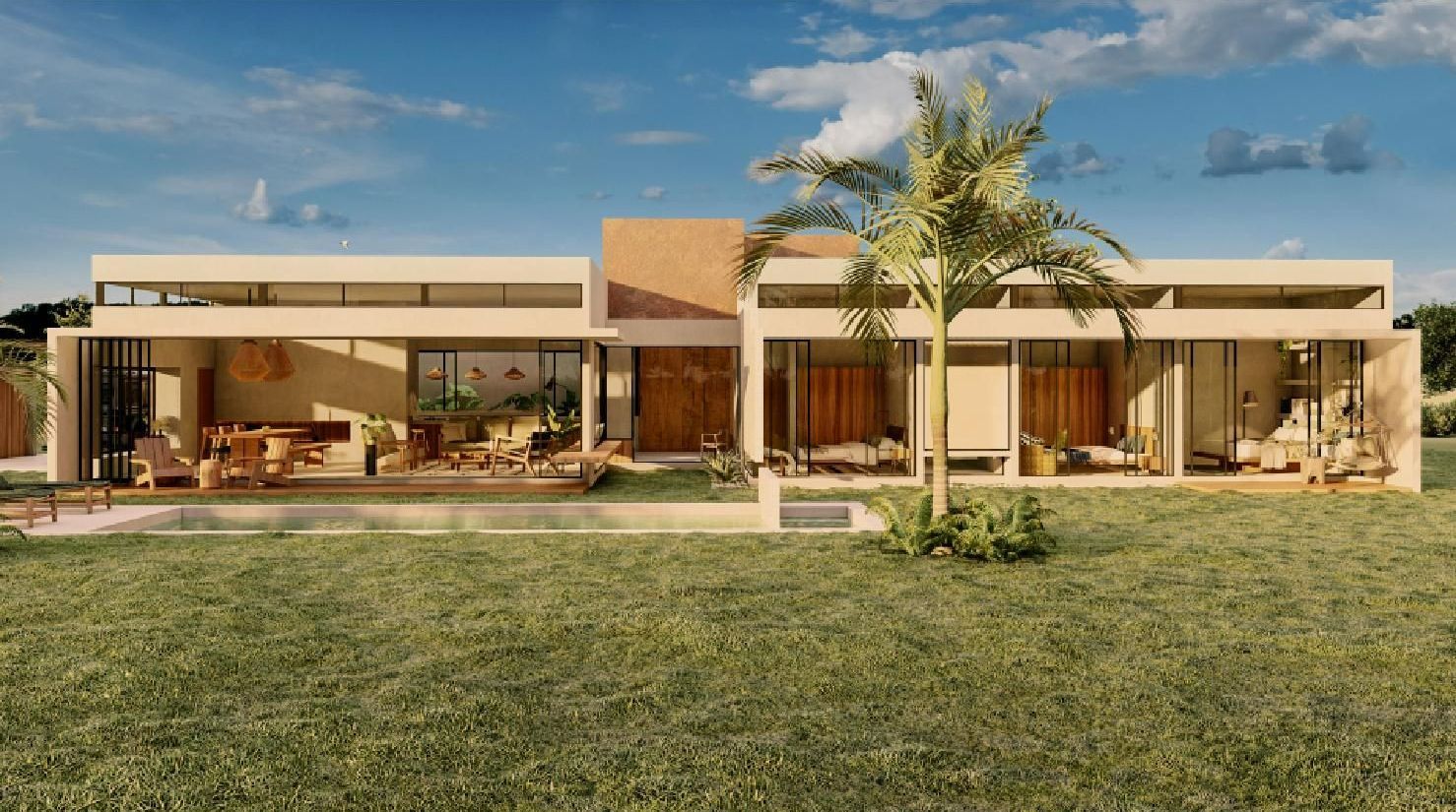 Modern, single-story house with flat roof and large glass windows. Green lawn in the foreground, palm tree to the right.