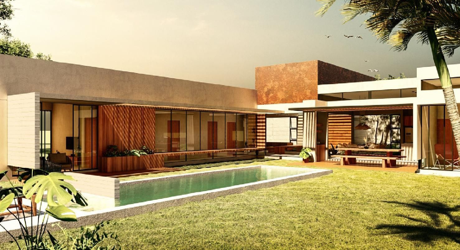 Modern house with pool, lawn, and palm trees; sunny day.