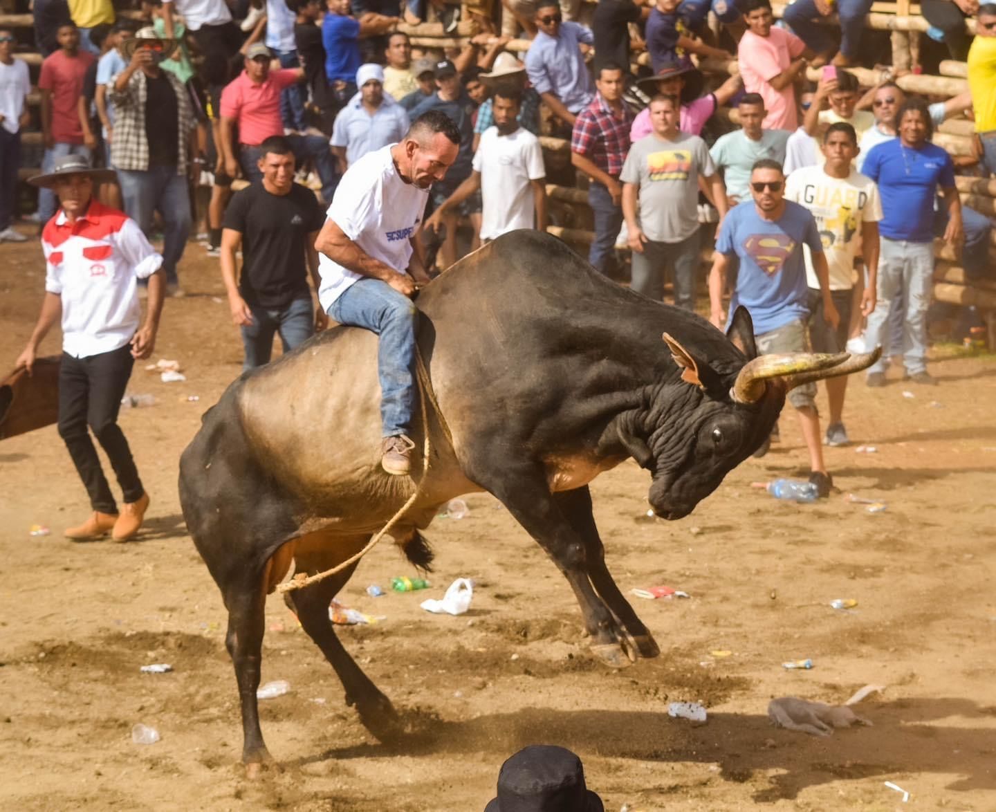Man riding a bucking bull in an arena, surrounded by spectators.