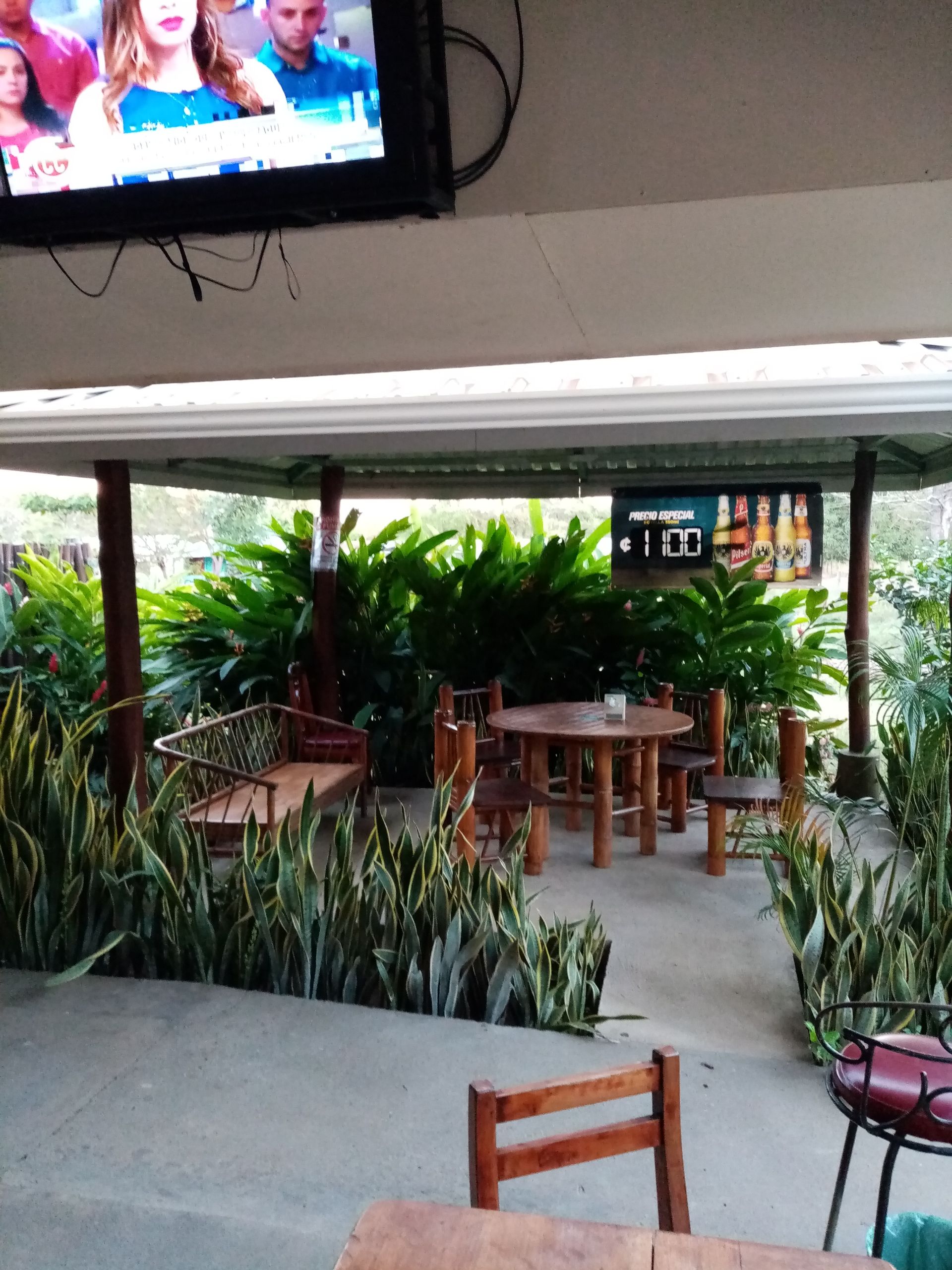 Outdoor seating area with tables, chairs, and plants. Television above.