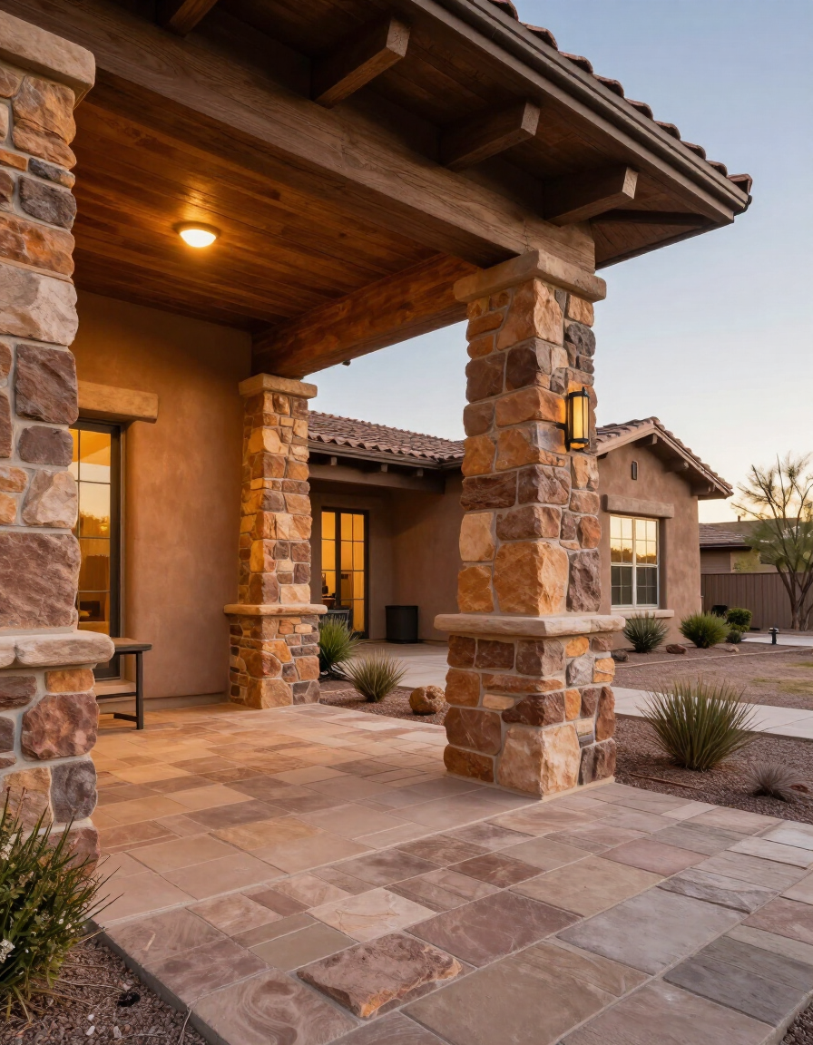 Beautifully finished Arizona covered patio with stacked stone columns