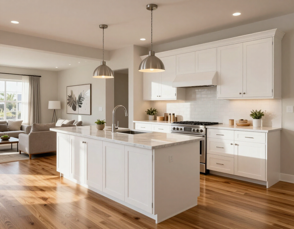 Completed kitchen remodel with white shaker cabinets and quartz countertops