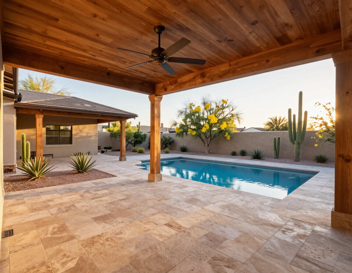 Finished Arizona backyard with covered patio, gazebo, and resort pool