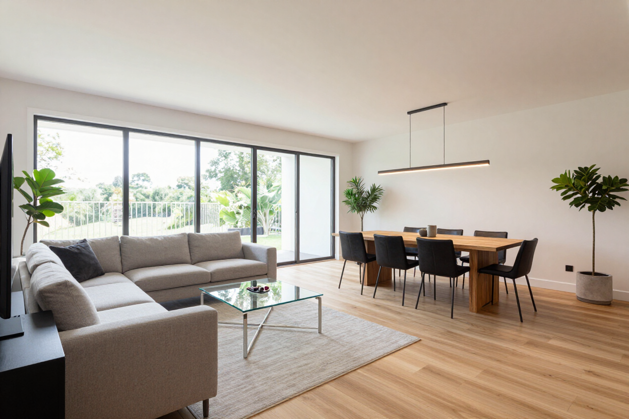 Open concept living area after a whole-home remodel