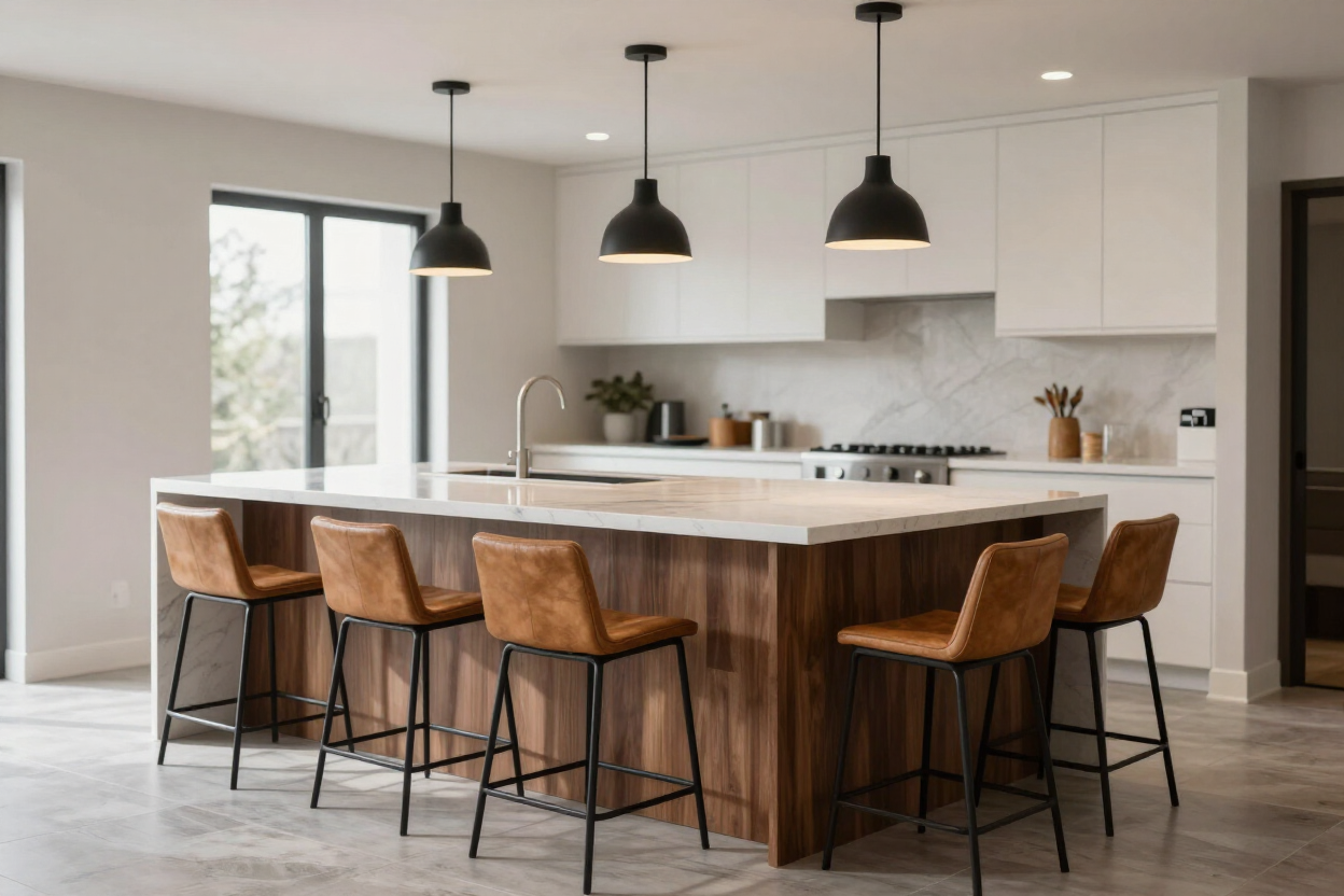 Remodeled kitchen island with pendant lighting and bar seating