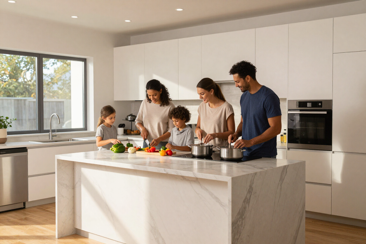 Family cooking together in a newly remodeled kitchen