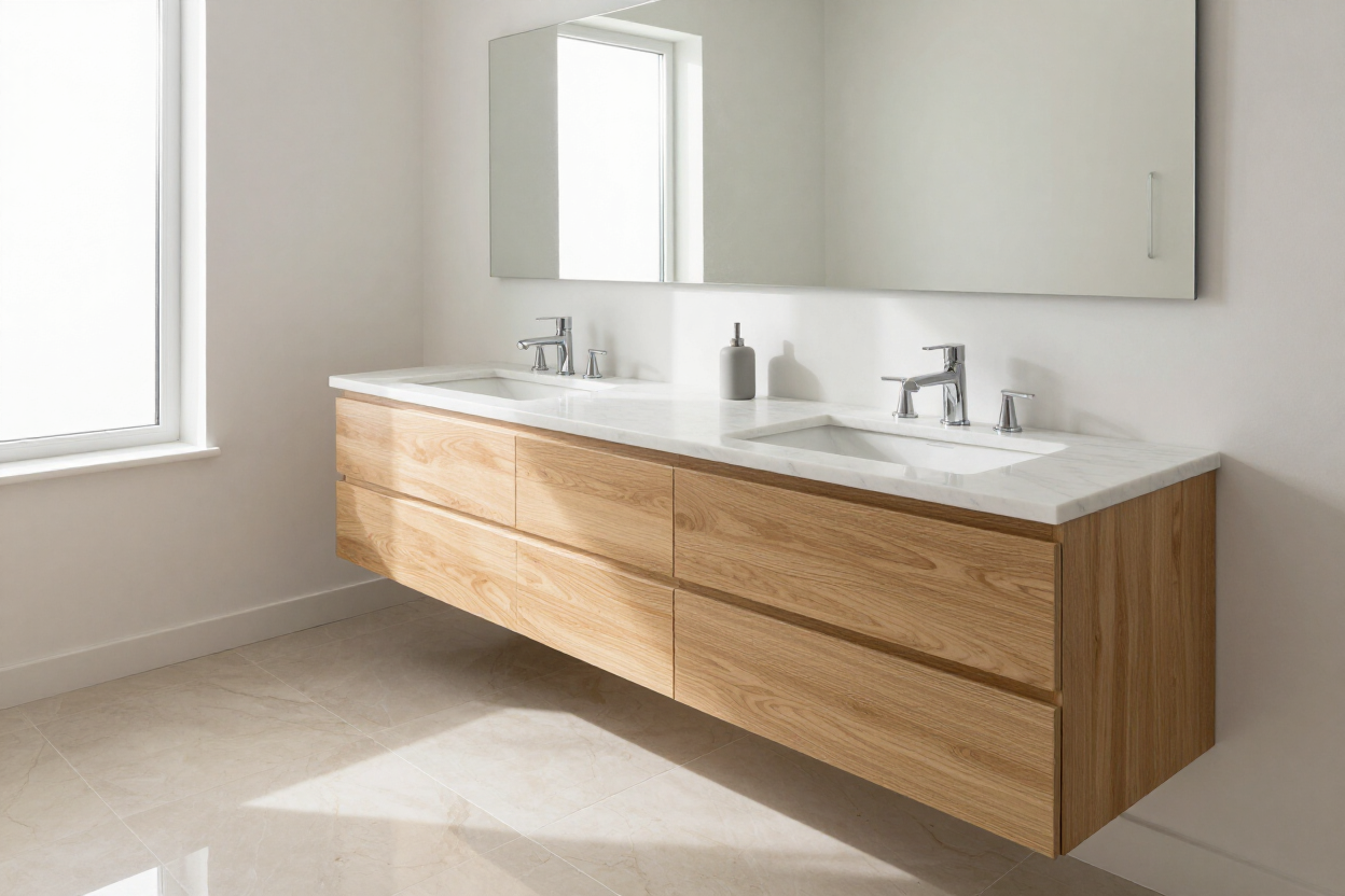 Remodeled bathroom with double vanity and large mirror
