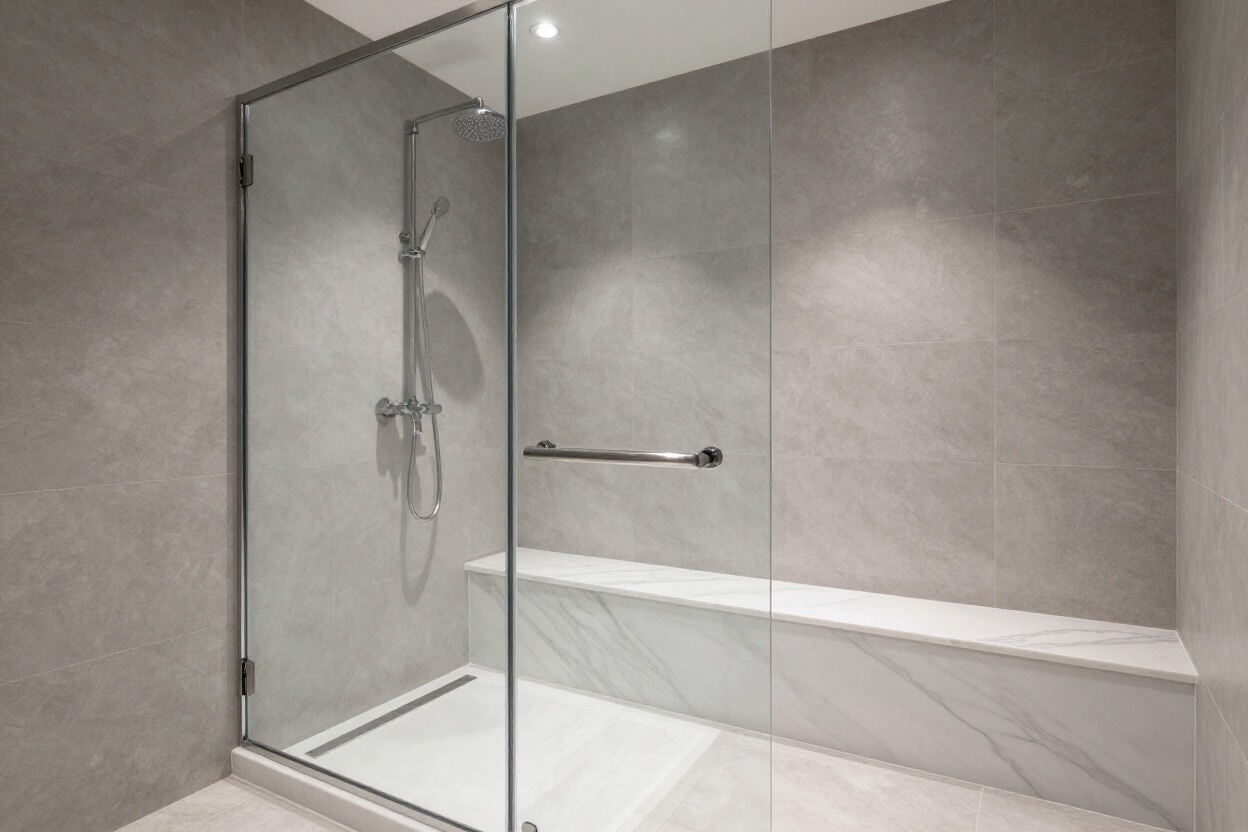 Curbless walk-in shower with grab bar and built-in bench