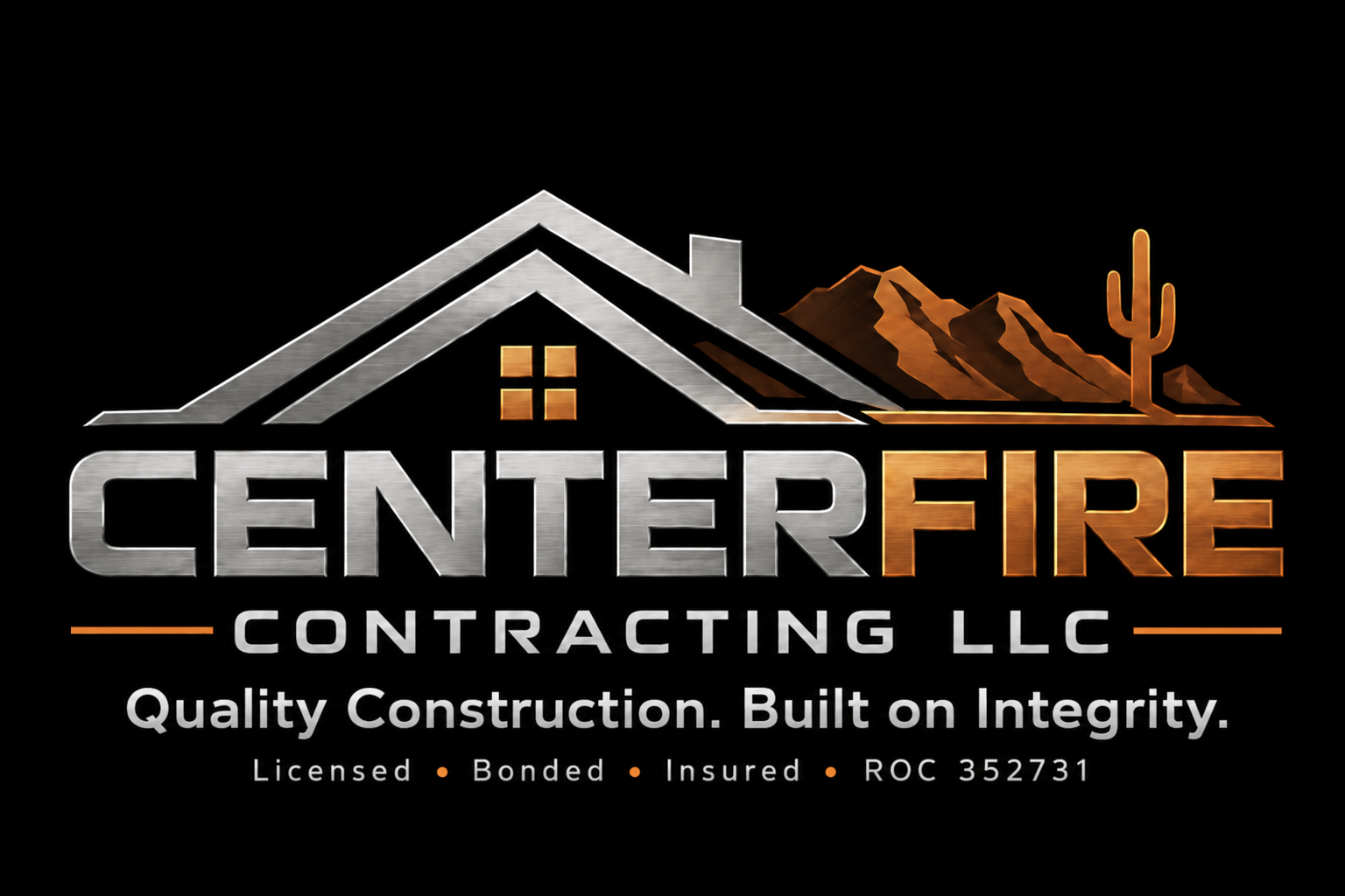 Centerfire Contracting LLC logo with roof, mountains and saguaro cactus