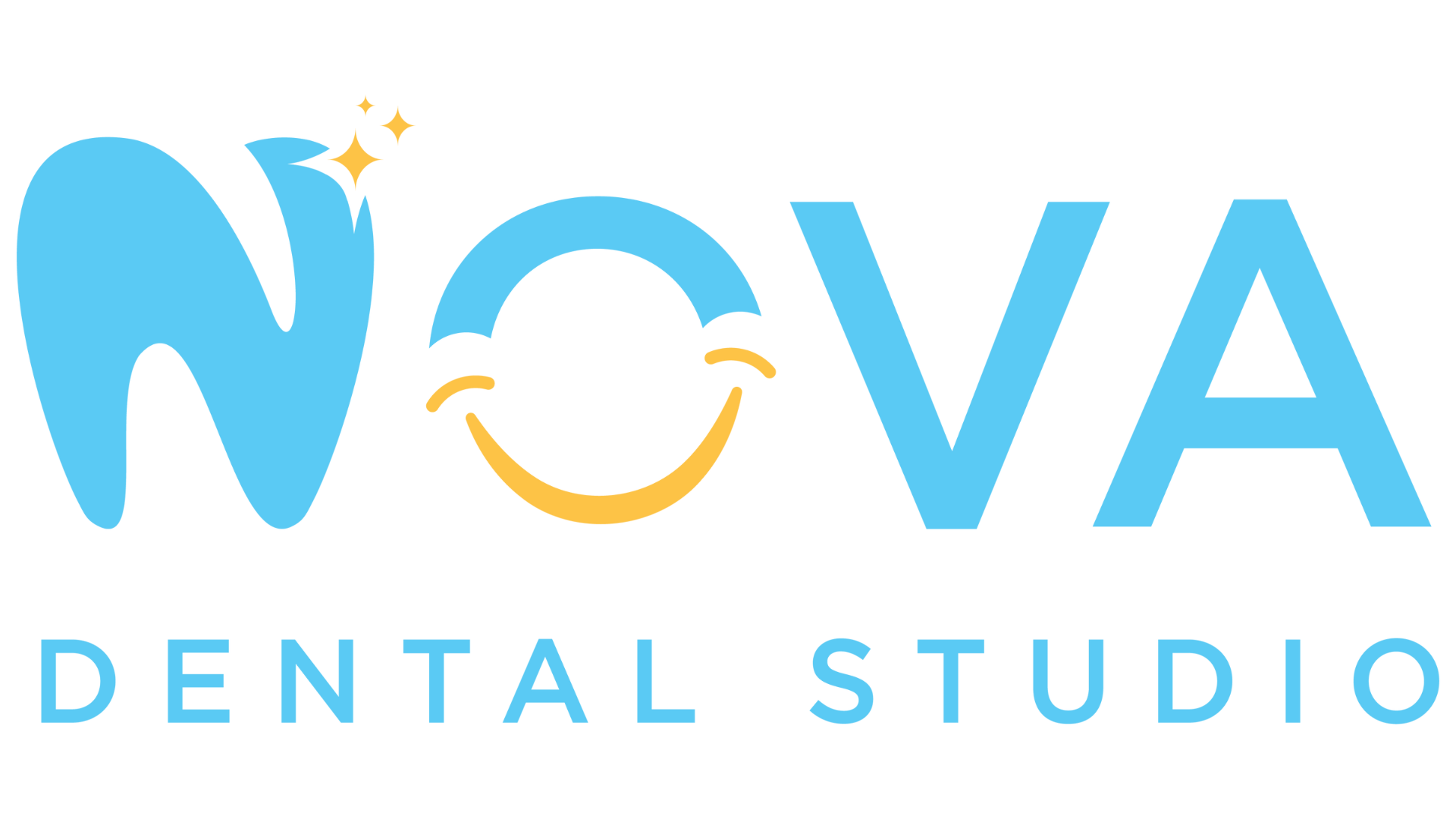 The logo for nova dental studio has a tooth with a smile on it.