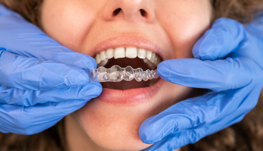 A woman is getting her teeth straightened by a dentist.