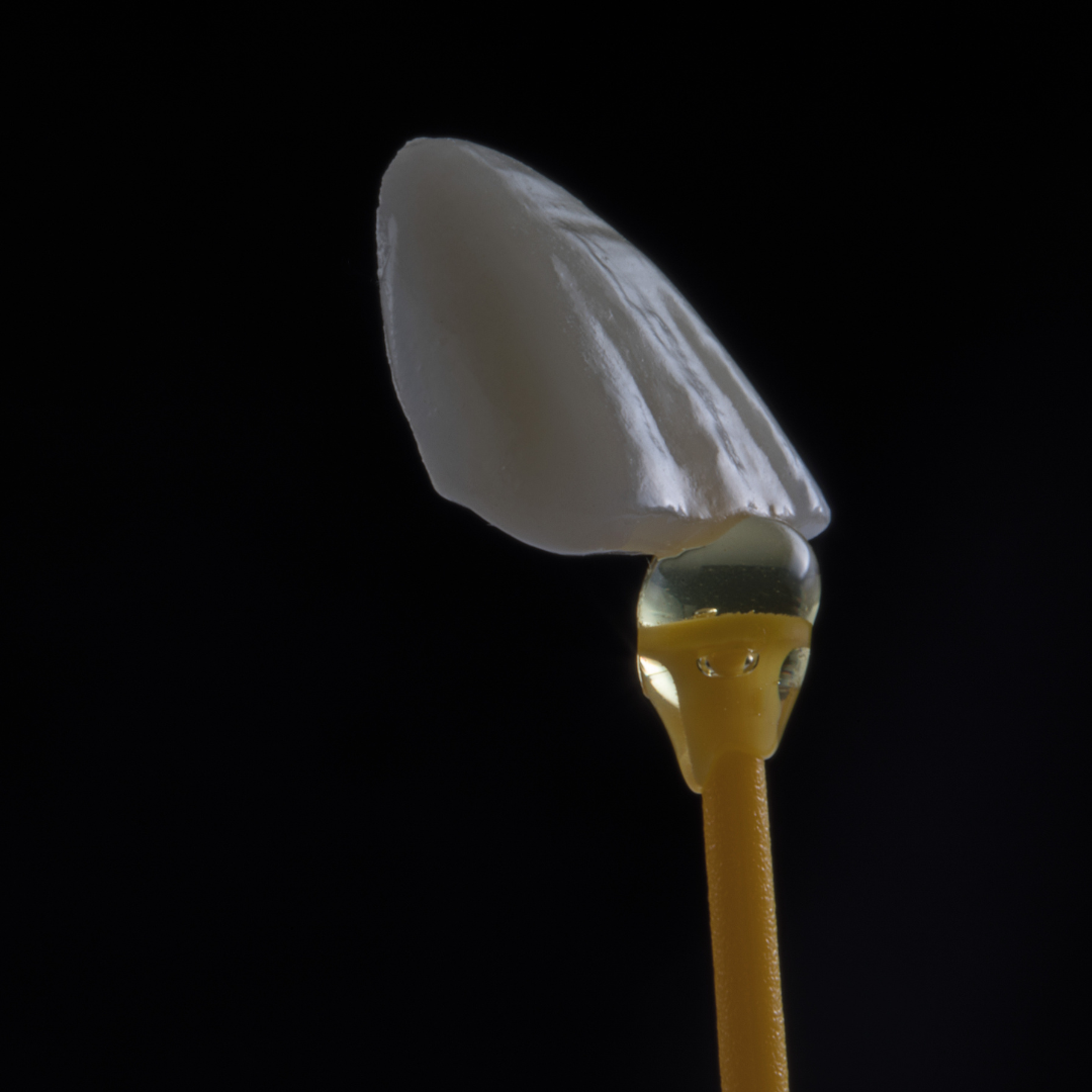 Tooth veneer on a yellow stick against a black background.
