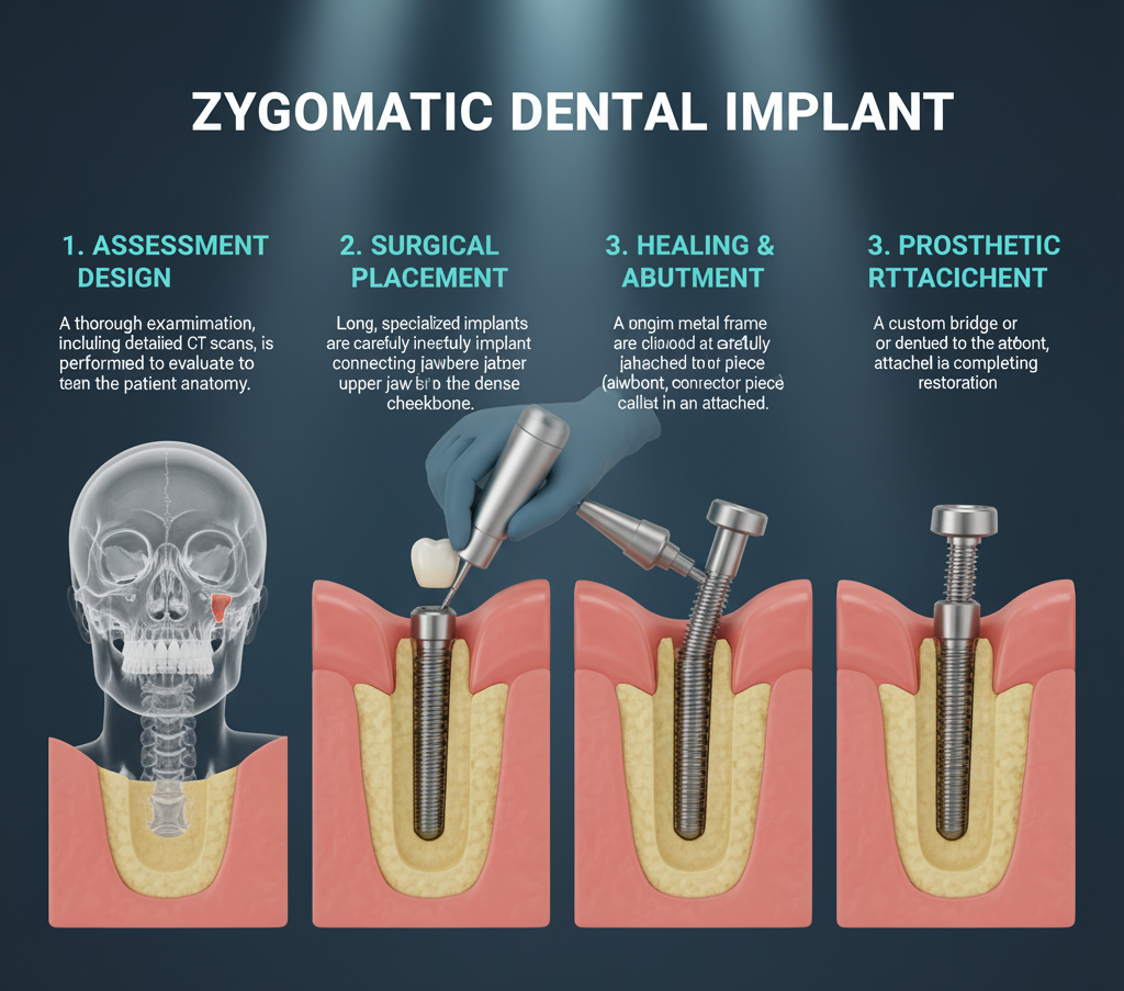Diagram showing the process of zygomatic dental implant: assessment, surgical placement, healing, and prosthetic attachment.