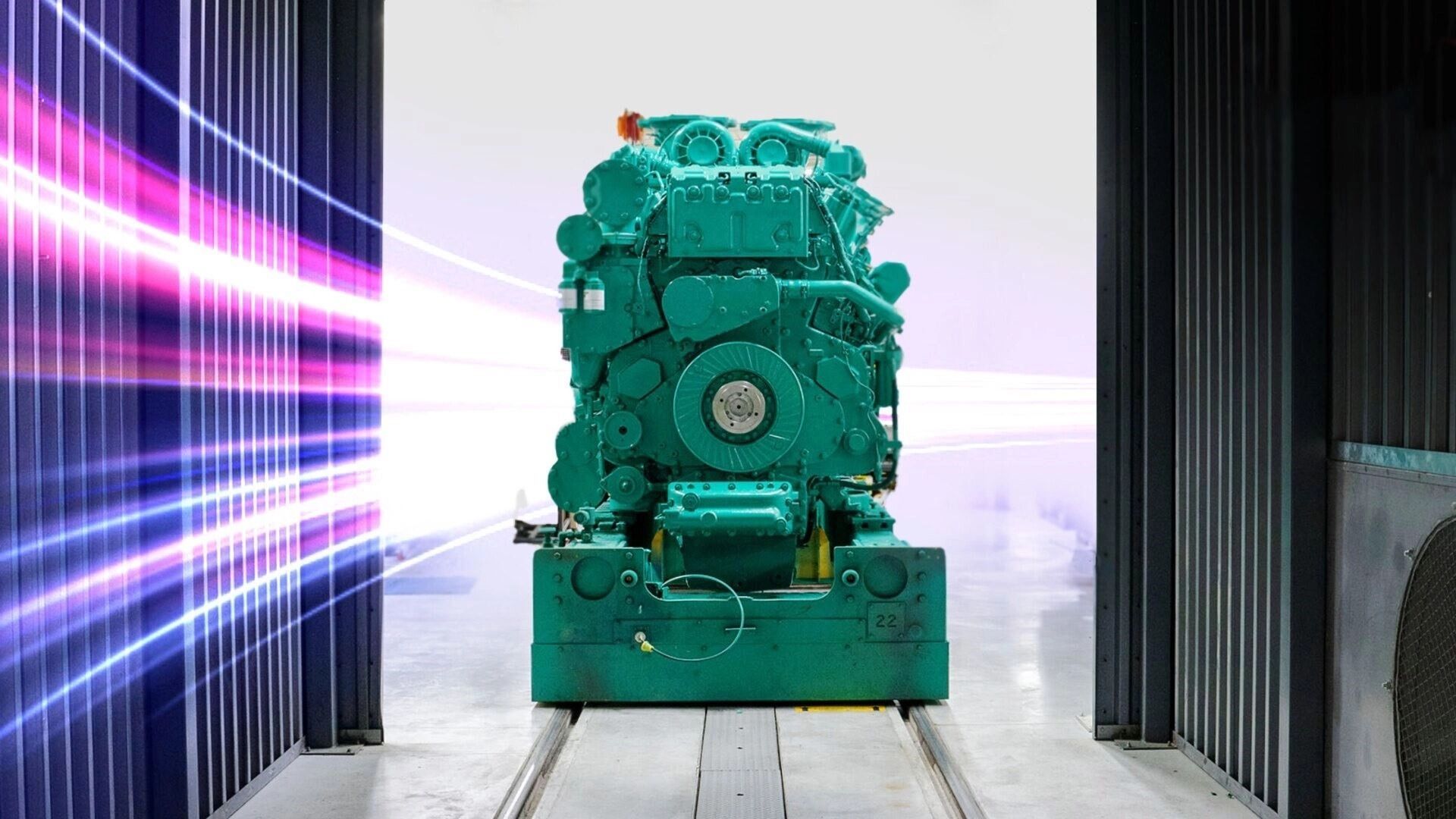 Teal industrial machine centered in a futuristic room with purple light streaks