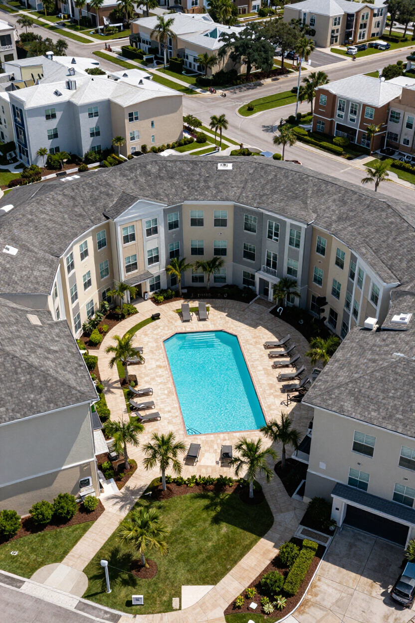 Aerial view of Florida multifamily property with pool courtyard