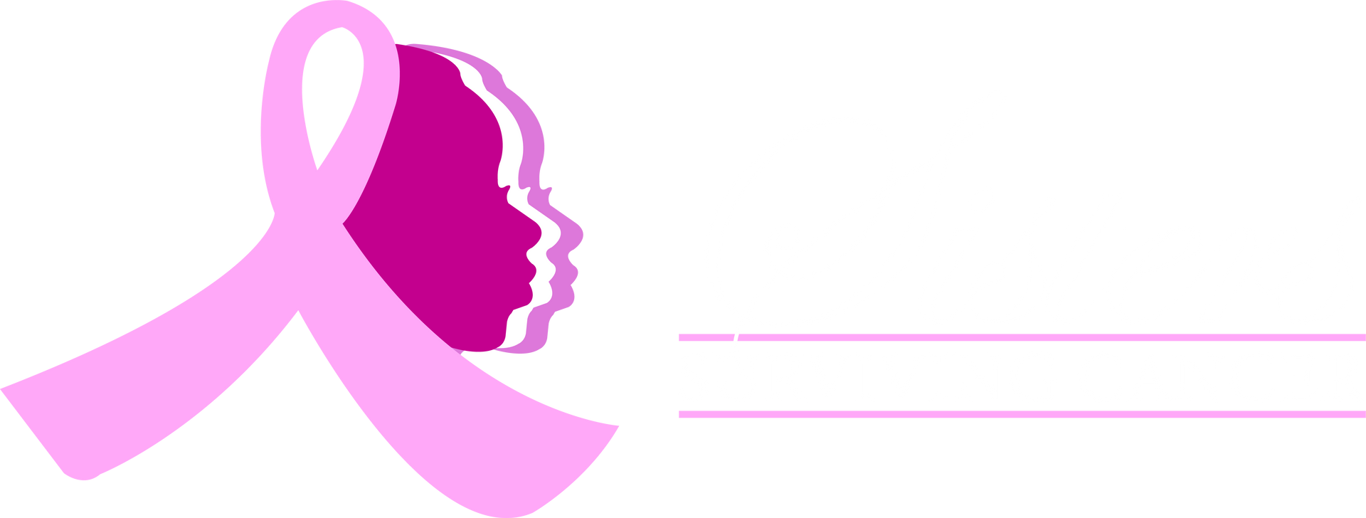 A pink ribbon with a silhouette of a woman 's face on a white background.