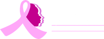 A pink ribbon with a silhouette of a woman 's face on a white background.