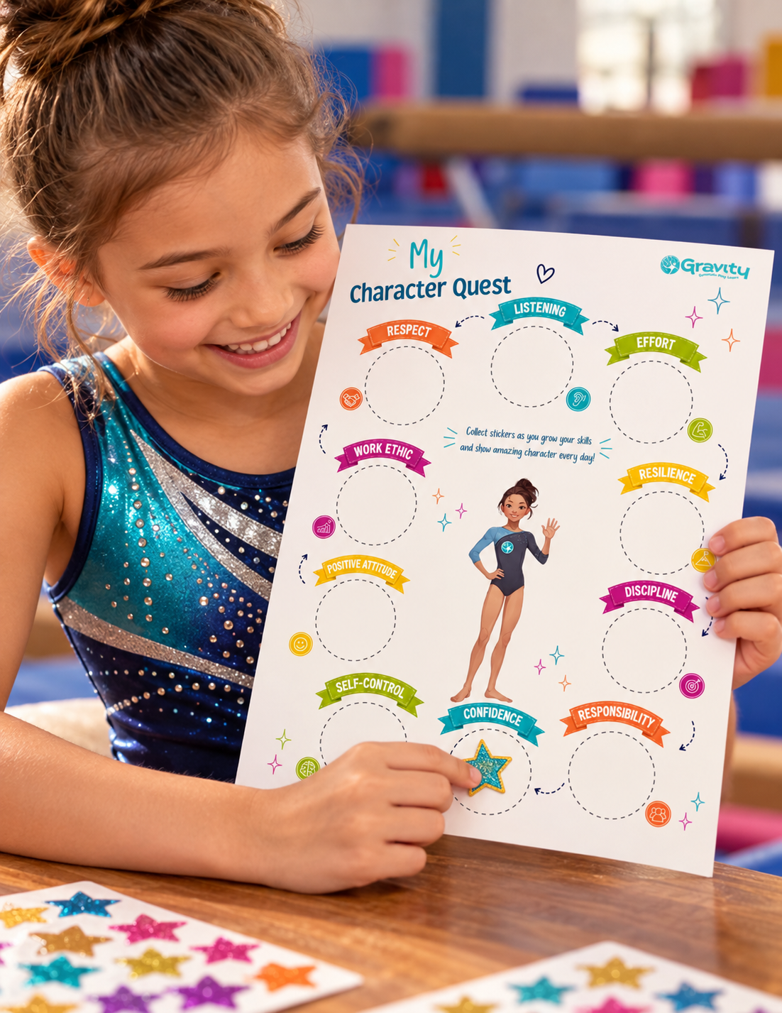 Gymnast adding a Journey Sticker.