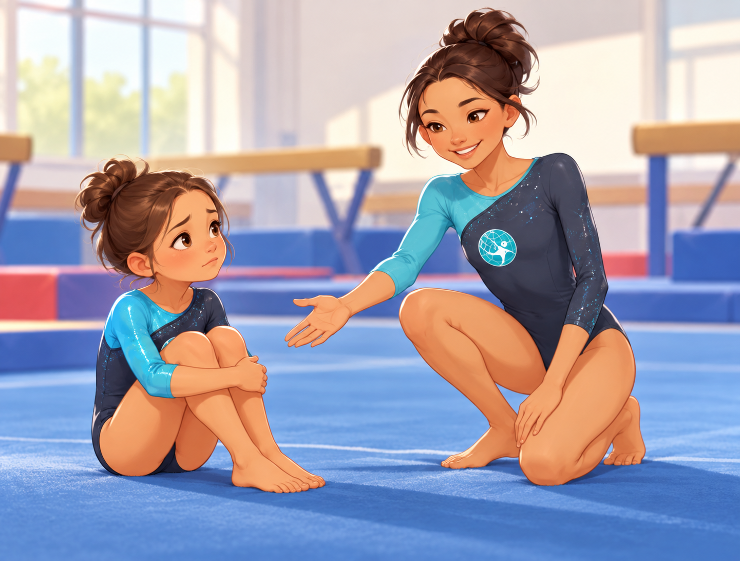 Gravity gymnastics avatar, Kira, helping another gymnast