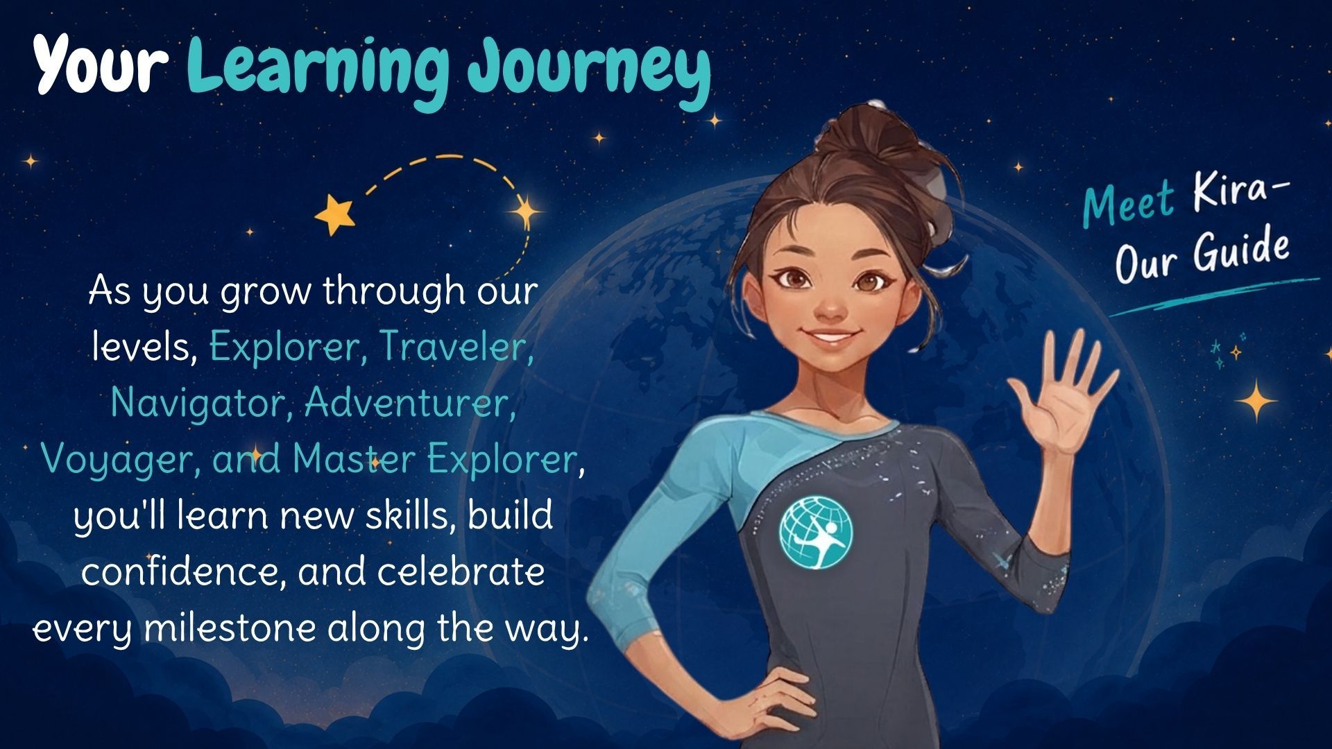 Your Learning Journey banner with a smiling superhero guide waving against a blue starry sky