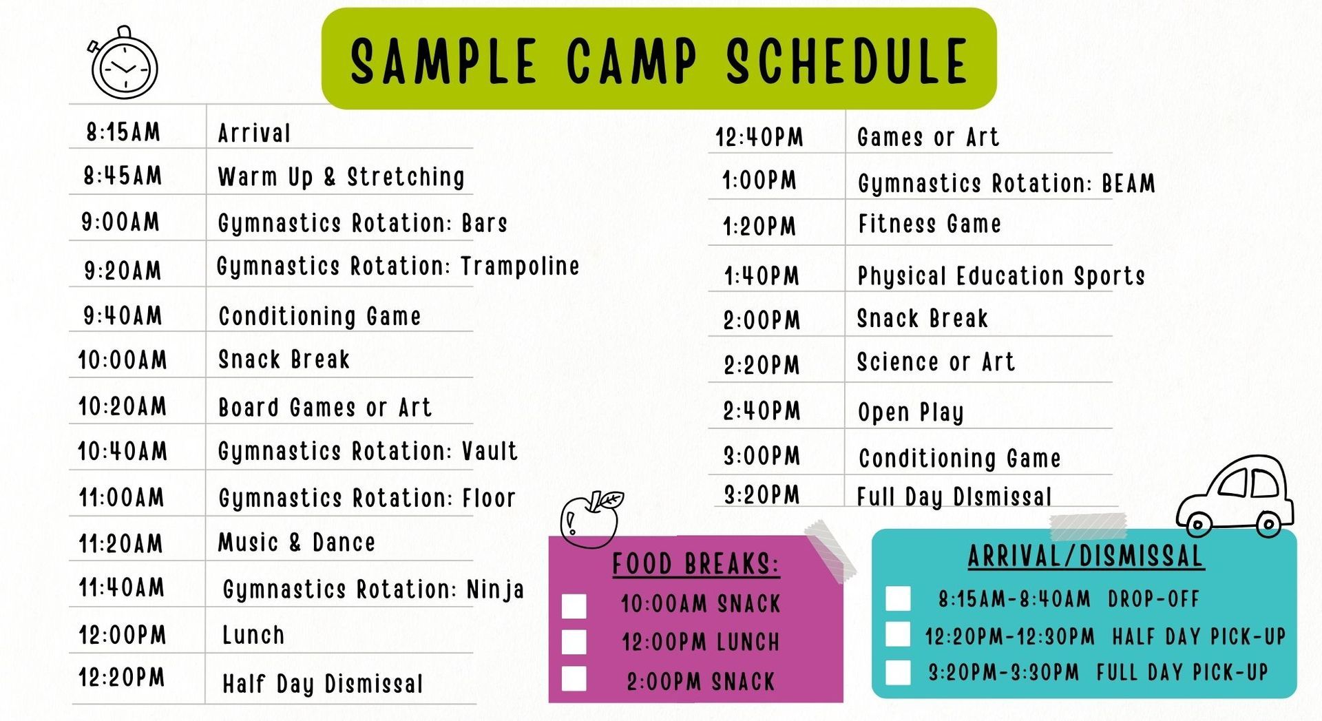Yellow “Sample Camp Schedule” poster with a two-column timetable and pink/teal activity boxes at the bottom