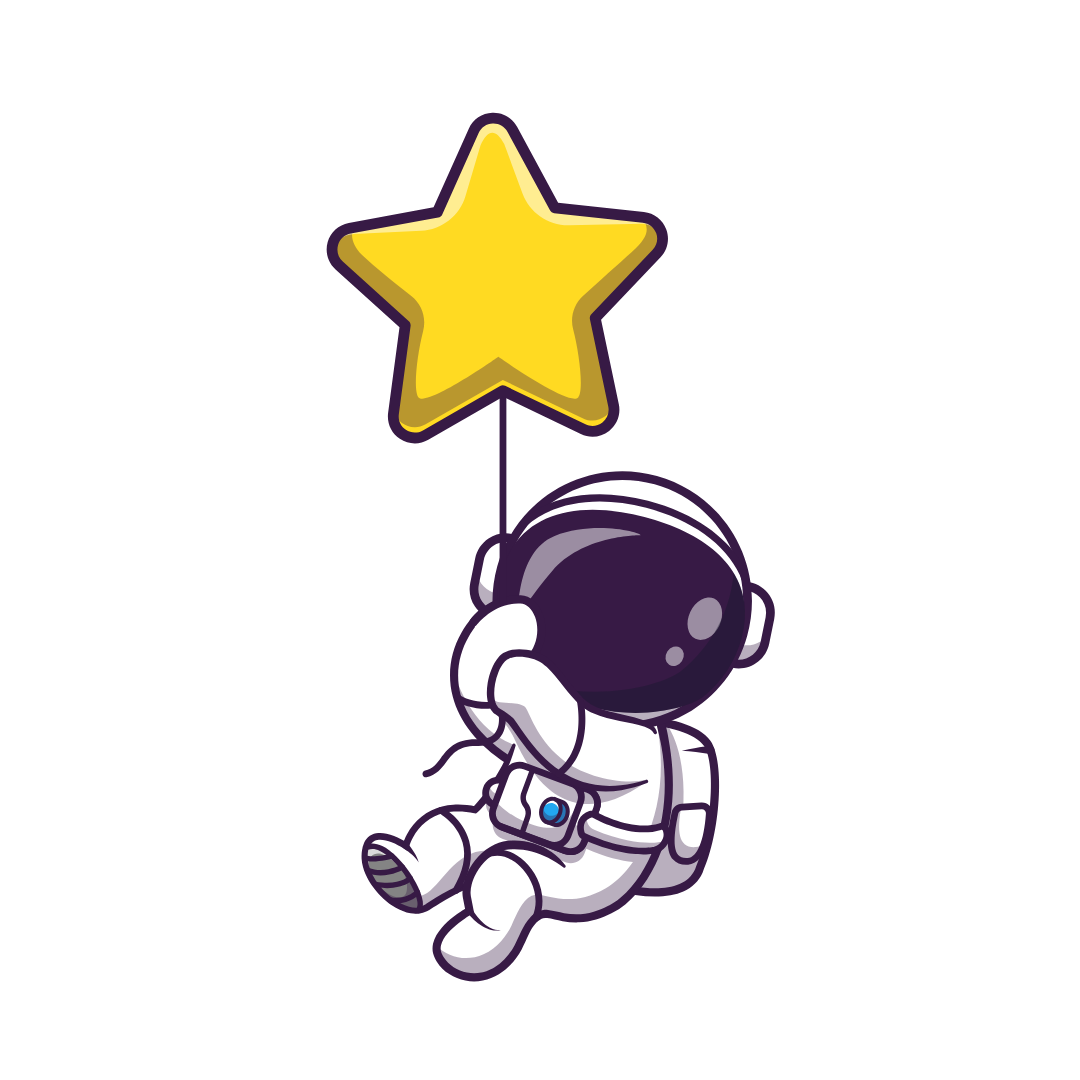 Cute white astronaut floating and holding a yellow star balloon on a plain background