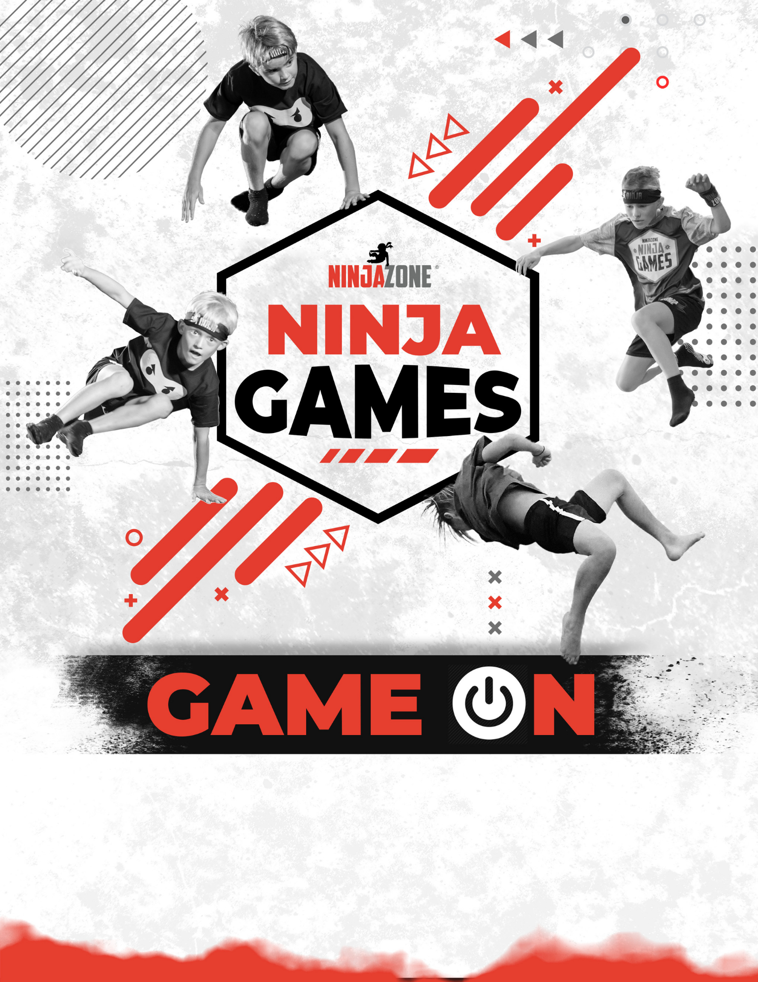 Promotional poster for “Ninja Games” with athletes leaping around bold red and black text, “Game On” below