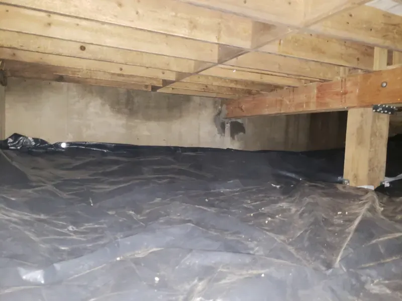 A basement with plastic covering the floor and wooden beams.