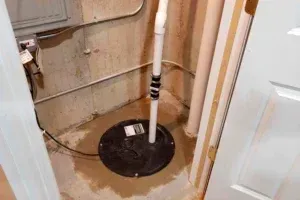 A sump pump is sitting in a basement next to a door.