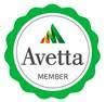 Avetta Member badge: Green scalloped border, white circle with logo of green, orange, and yellow peaks.