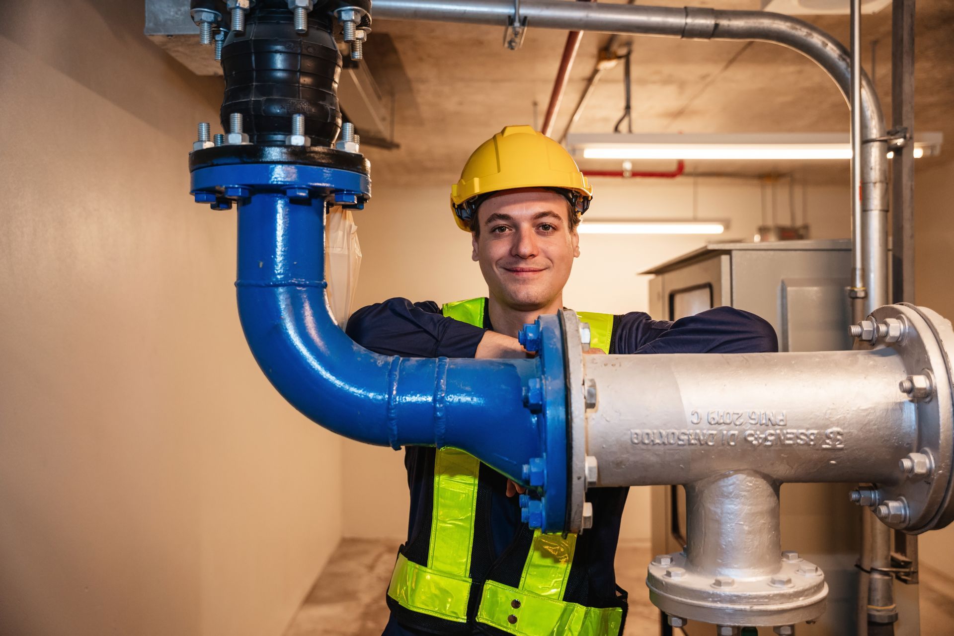 Technician in hard hat inspecting blue industrial pipe in a utility room
