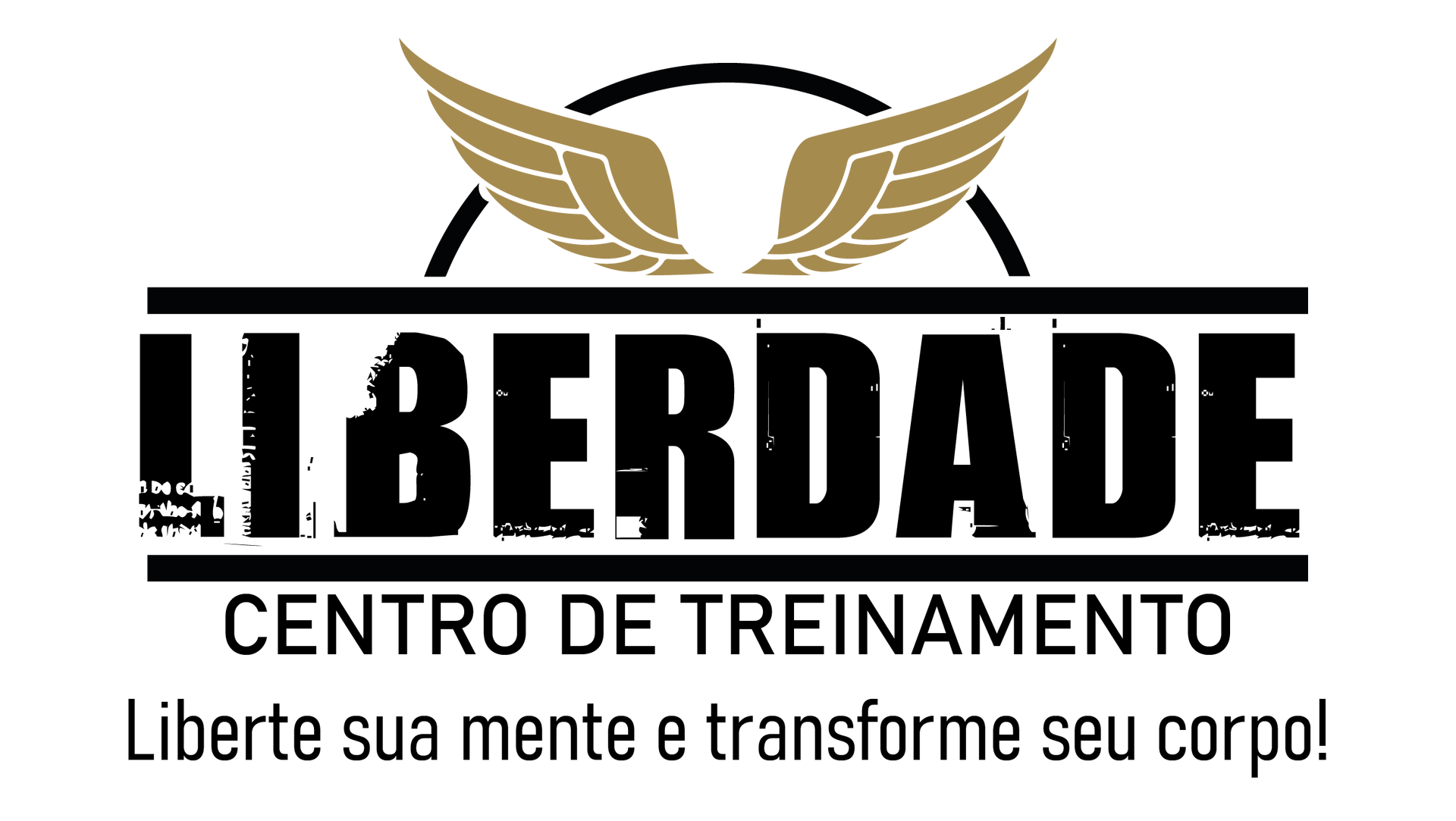 Logo for “LIBERDADE Centro de Treinamento” with gold wings and the slogan “Liberte sua mente e transforme seu corpo!”