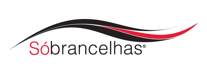Logotipo com linhas estilizadas em preto e vermelho representando sobrancelhas acima da palavra “Sobrancelhas”.