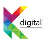 Logotipo K geom&eacute;trico colorido ao lado da palavra &ldquo;digital&rdquo;