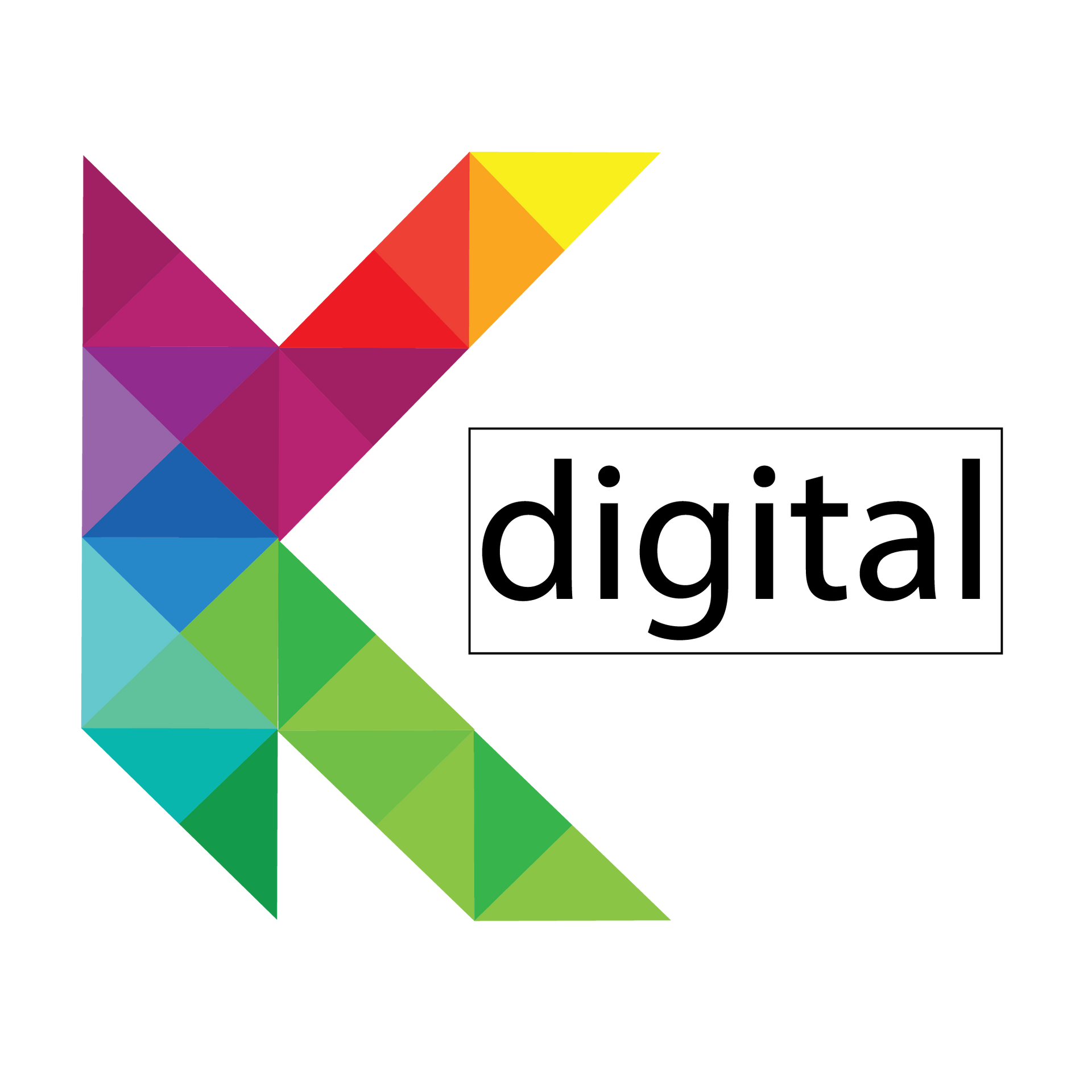 Logotipo K geométrico colorido ao lado da palavra “digital”