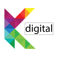 Logotipo K geométrico colorido ao lado da palavra “digital”