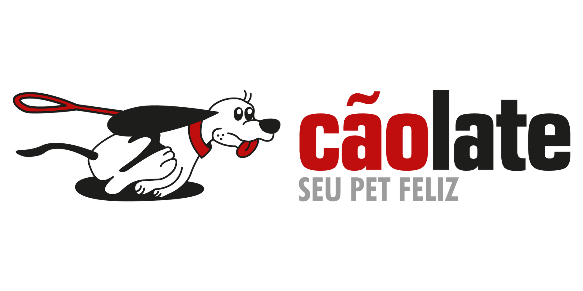 Logo da Caolate com cachorro branco e preto correndo e o slogan “SEU PET FELIZ” em vermelho e preto