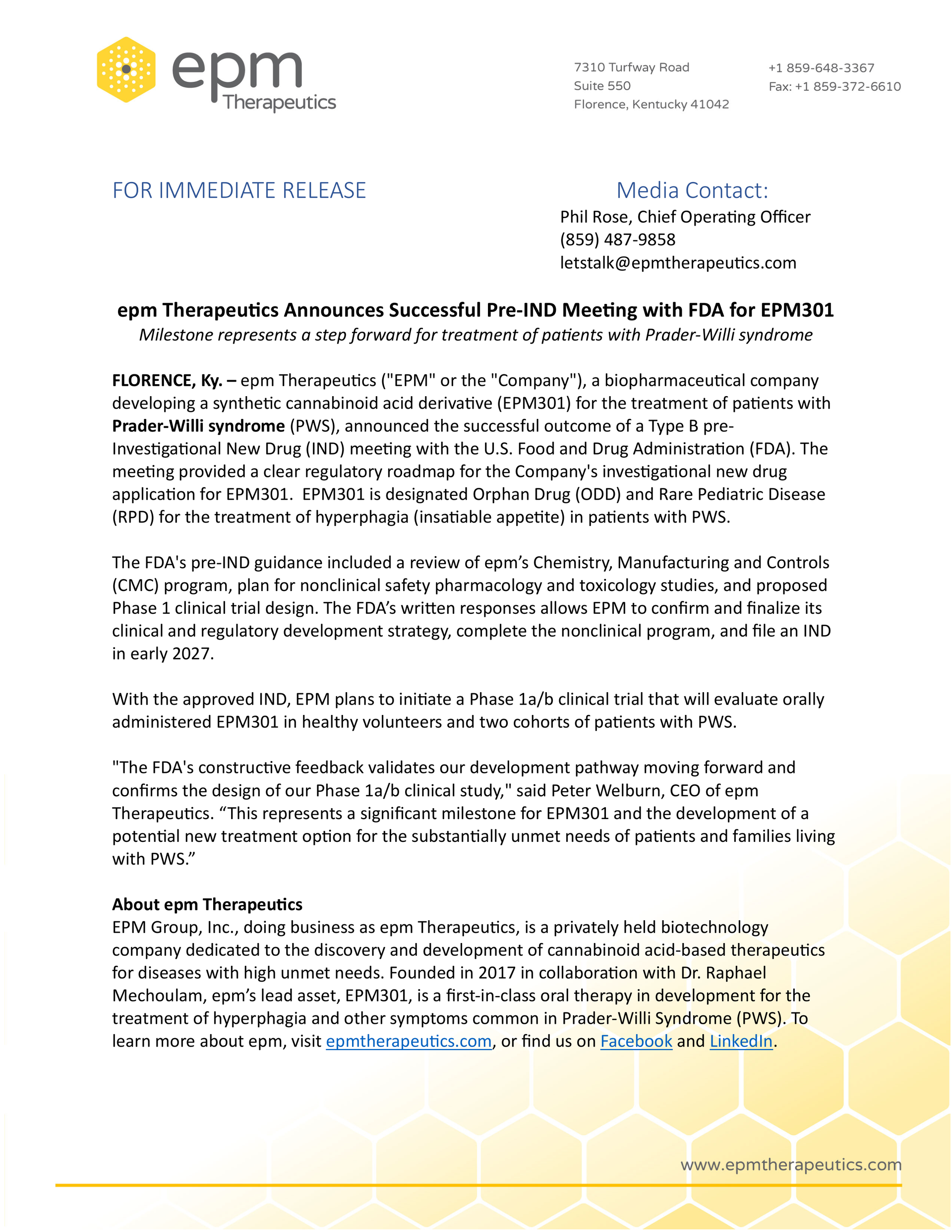 epm Therapeutics Secures FDA Pre-IND Meeting
to Advance EPM301 for Prader-Willi Syndrome