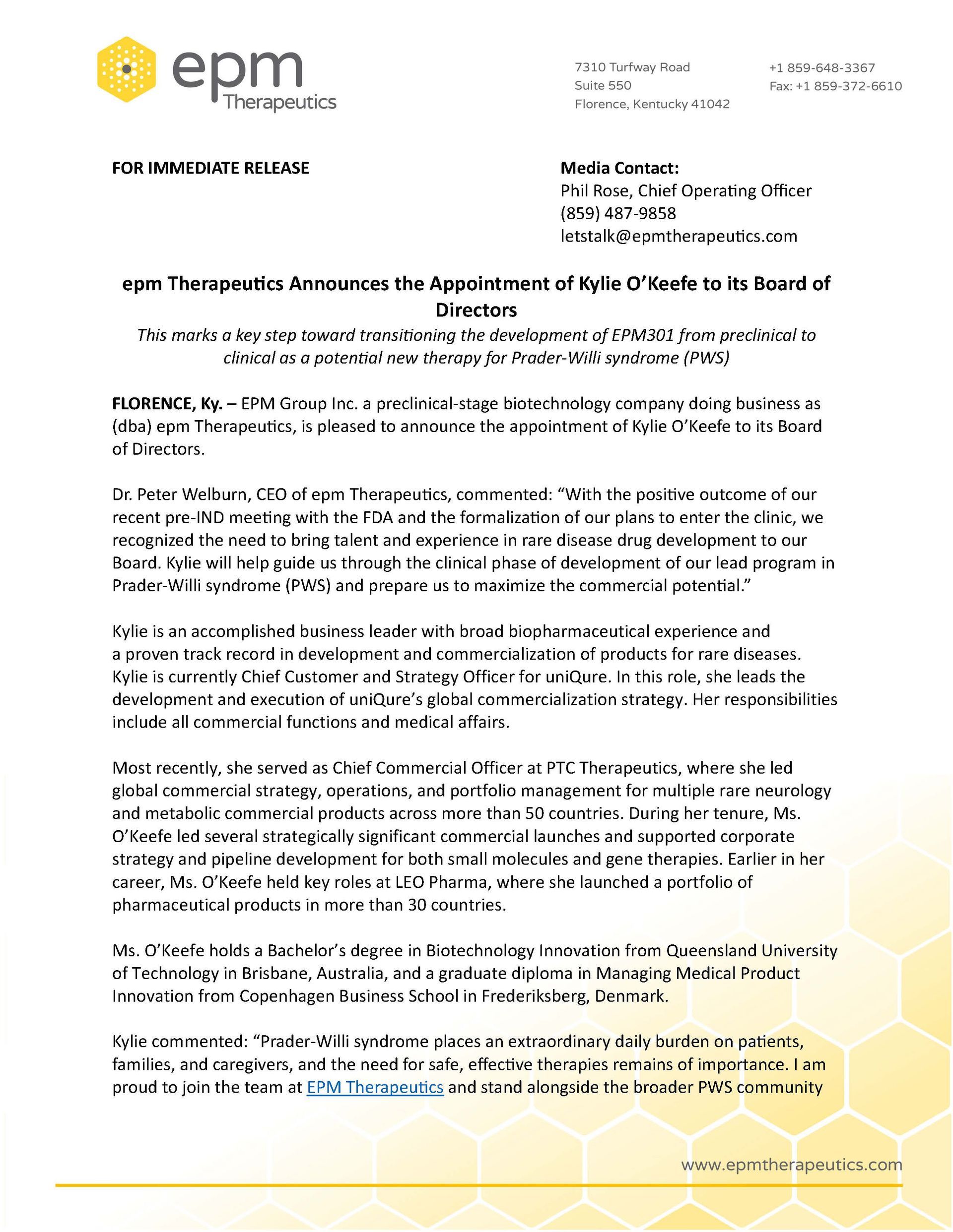 epm Therapeutics Announces the Appointment of Kylie O’Keefe to its Board of Directors