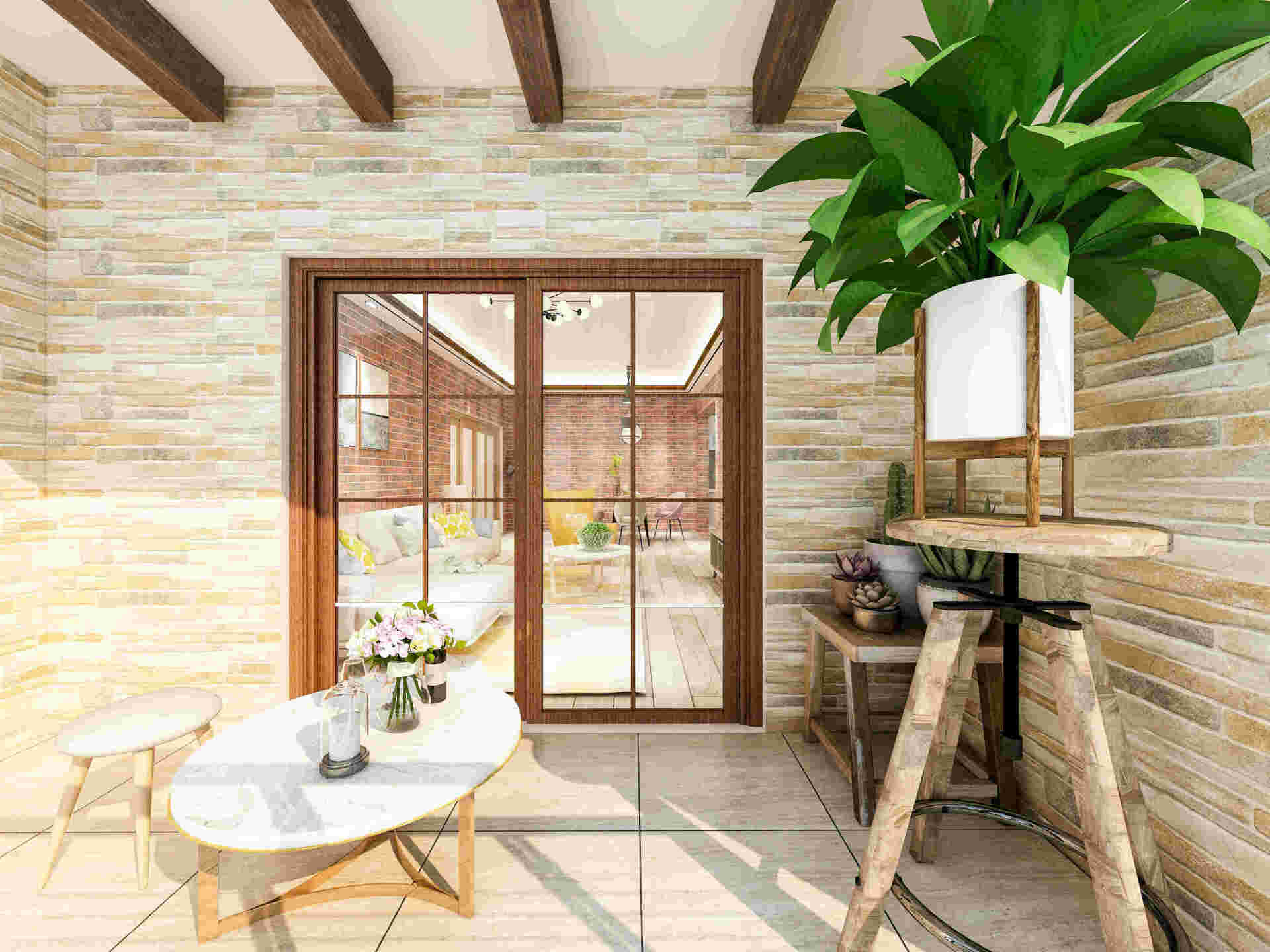 Bright patio with sliding glass doors, stone walls, white table, and tall green plant under wooden beams